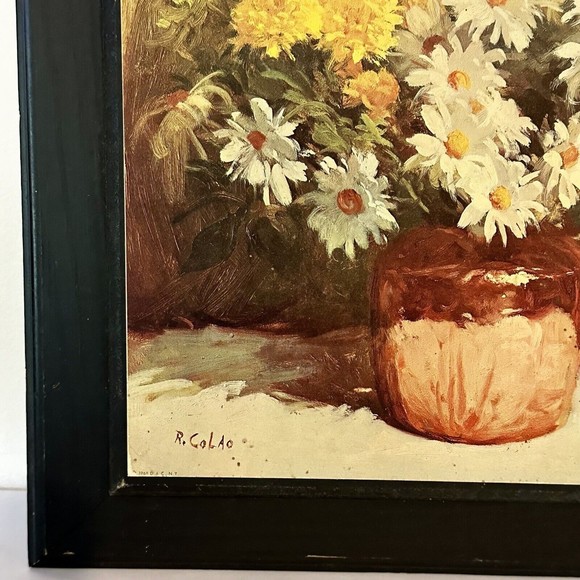 Vtg Floral Print On Wood 70’s Retro DAC N.Y. 1968 Daisies Yellow White R. Calao - Picture 5 of 7